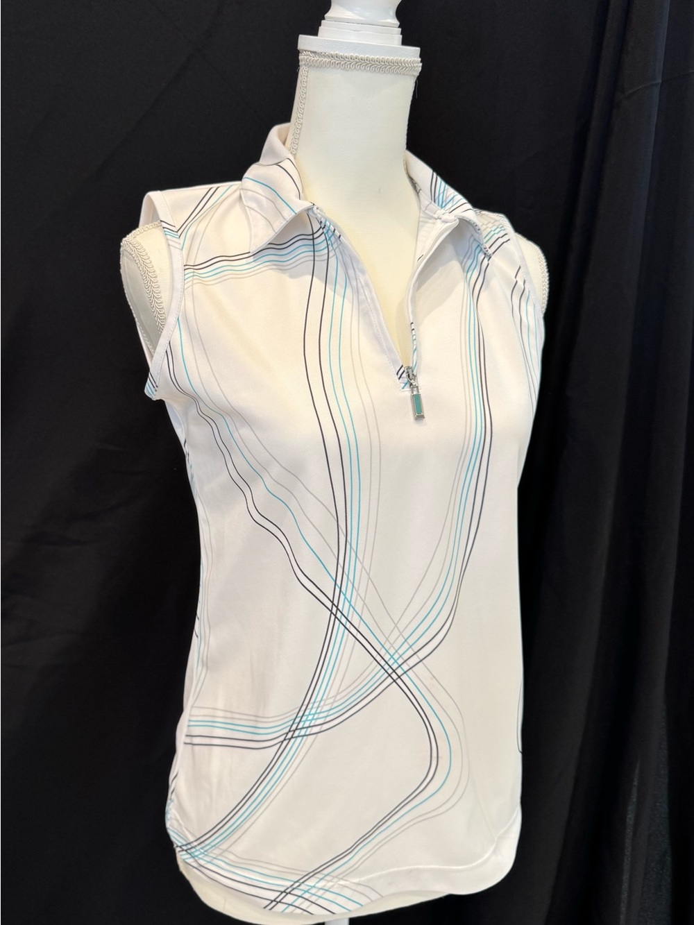 Izod White Sleeveless Golf Top with Teal & Black Stripe Accents